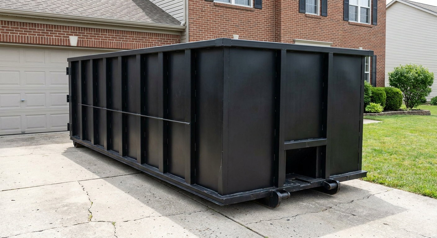 Matte-black 20-yard roll-off container on a Provo residential concrete driveway with reinforced ribbed steel sidewalls and a hinged rear walk-in door, clean bright daylight.