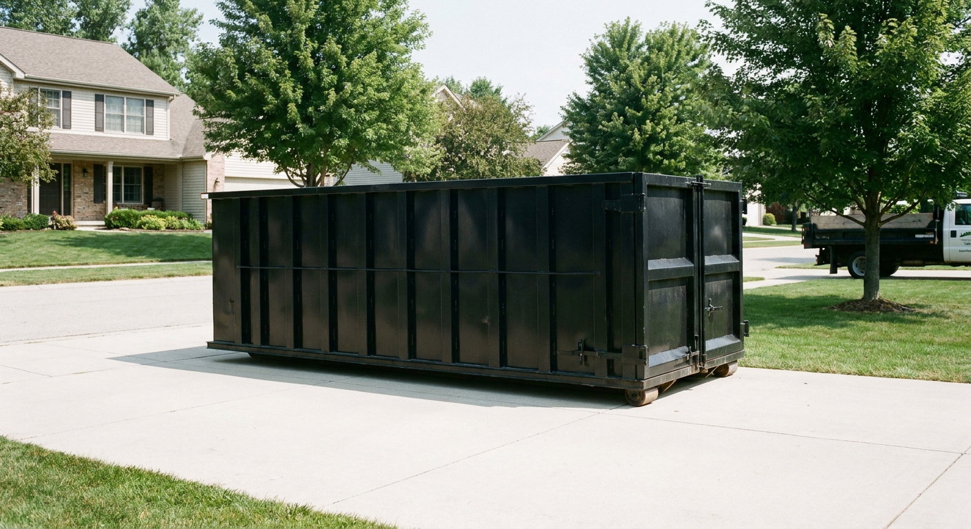 Matte-black 20-yard roll-off dumpster sitting level on a clean Provo residential concrete driveway under bright daylight, demonstrating clean placement directly on the concrete.